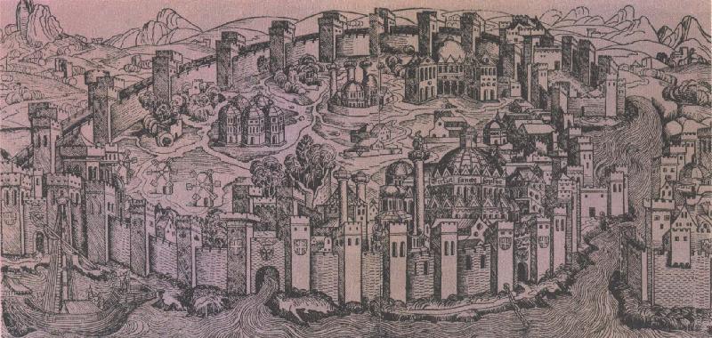 unknow artist den har kartan fran 1493 forestaller konstantinopel med hagia sofia kristenhetens mest beromda kyka till hoger.